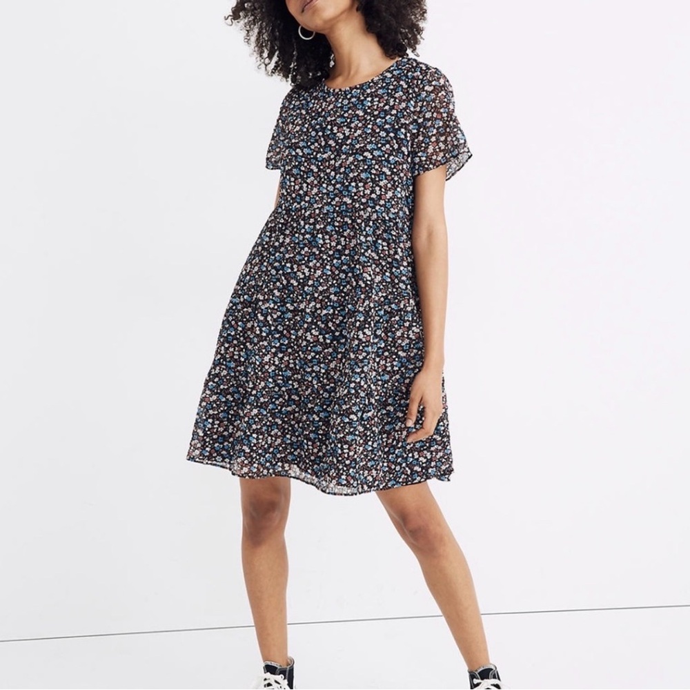 Madewell XS Spring Prairie Short Sleeve Black Floral Mini Dress